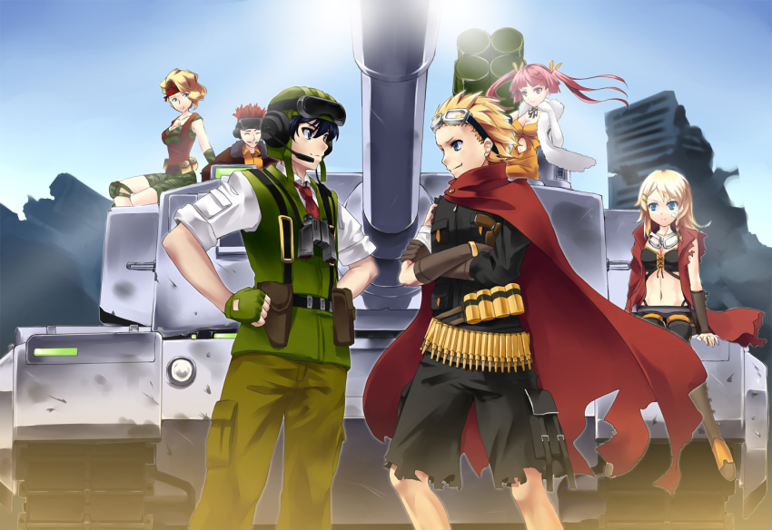 3boys 3girls artist_request black_hair blonde_hair blue_eyes breasts cape caterpillar_tracks metal_max military military_vehicle motor_vehicle multiple_boys multiple_girls pink_eyes pink_hair red_hair ruins sky smile sun tank