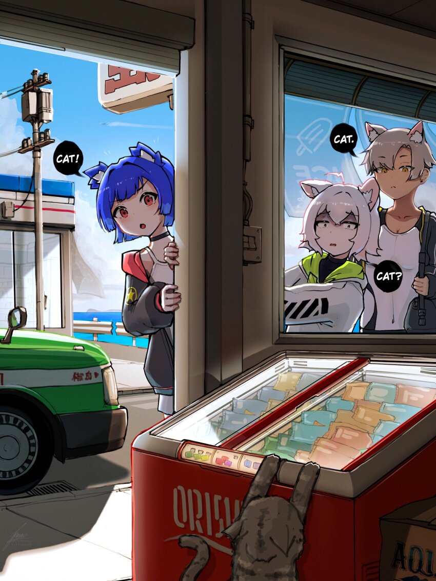 3girls :o ahoge animal animal_ear_fluff animal_ears backlighting bear_ears black_jacket blue_hair blue_sky borrowed_character box building car cat choker commentary doorway earrings english_commentary english_text freezer from_inside grey_hair gris_(vertigris) highres hood hood_down hooded_jacket indoors jacket jewelry kara_(vertigris) knomico motor_vehicle multiple_girls orange_eyes original outdoors perl_(vertigris) power_lines red_eyes shop short_hair sign sky standing utility_pole white_hair