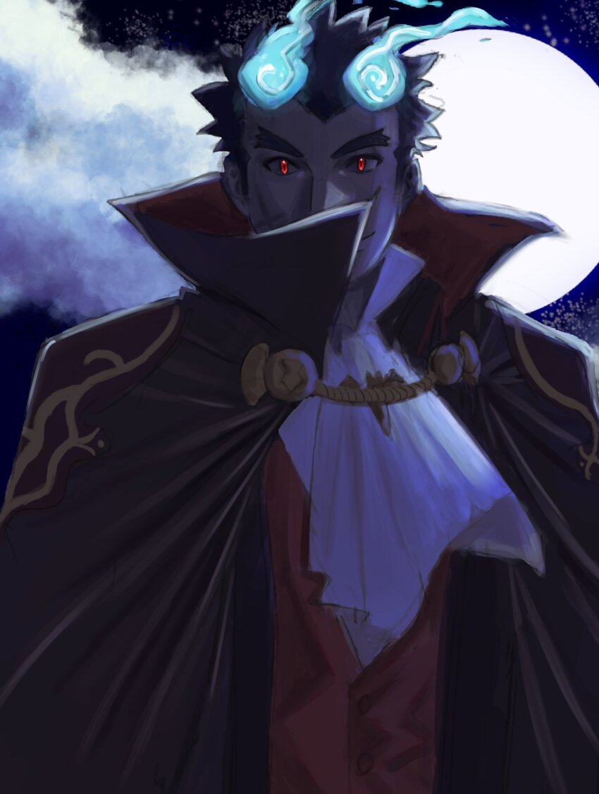 1boy ascot bara blue_fire cloud collared_cape collared_shirt covering_face cross_scar evil_eyes facial_scar fiery_horns fire forked_eyebrows full_moon glowing glowing_eyes highres horns ichito0714 looking_at_viewer male_focus moon night night_sky official_alternate_costume red_eyes sakimori_toji scar scar_on_cheek scar_on_face shirt short_hair sideburns sky solo star_(sky) tokyo_houkago_summoners upper_body white_ascot