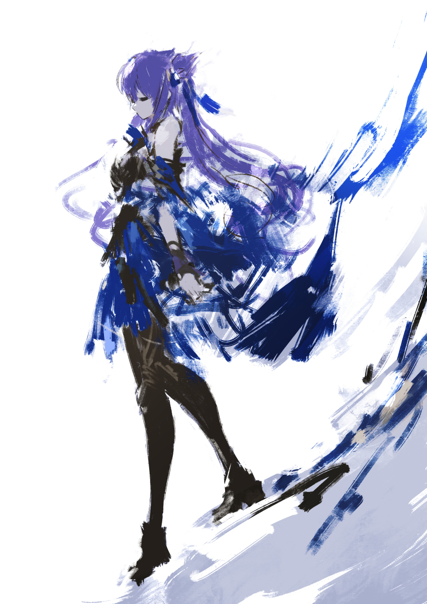 absurdres animal_ears bare_shoulders black_dress black_thighhighs blue_ribbon blurry blurry_background closed_eyes dress from_side genshin_impact highres holding holding_weapon keqing_(genshin_impact) keqing_(opulent_splendor)_(genshin_impact) long_hair looking_to_the_side pantyhose purple_hair revealing_clothes ribbon sword thighhighs tuda6 weapon
