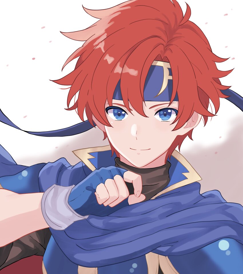 1boy absurdres armor blue_armor blue_eyes cape closed_mouth fingerless_gloves fire_emblem fire_emblem:_the_binding_blade gloves headband highres looking_at_viewer male_focus n_54 nintendo red_hair roy_(fire_emblem) short_hair short_sleeves simple_background smile upper_body