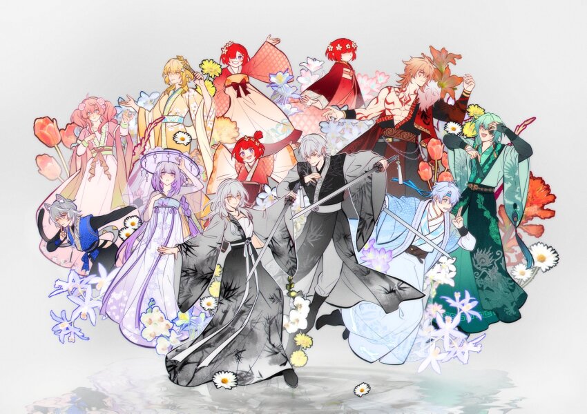 4boys 6+girls aglaea_(honkai:_star_rail) alternate_costume anaxa_(honkai:_star_rail) animal_ears black_kimono blonde_hair blue_eyes caelus_(honkai:_star_rail) castorice_(honkai:_star_rail) cat_ears cat_girl cat_tail chrysos_heirs_(honkai:_star_rail) cipher_(honkai:_star_rail) dress eyepatch green_hair grey_background grey_hair hakuzumu hat head_wreath highres holding holding_sword holding_weapon honkai:_star_rail honkai_(series) hyacine_(honkai:_star_rail) japanese_clothes katana kimono long_hair multiple_boys multiple_girls mydei_(honkai:_star_rail) phainon_(honkai:_star_rail) pink_kimono purple_hair purple_hat red_hair red_kimono short_hair simple_background stelle_(honkai:_star_rail) sword tail trailblazer_(honkai:_star_rail) trianne_(honkai:_star_rail) tribbie_(honkai:_star_rail) trinnon_(honkai:_star_rail) twintails weapon white_dress white_hair white_kimono yellow_kimono