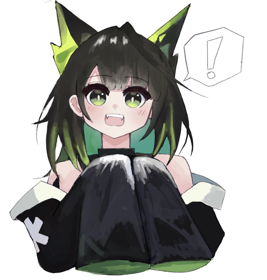 ! 1girl :d aqua_hair arknights bare_shoulders black_hair black_jacket bright_pupils cropped_torso fangs green_eyes green_hair highres jacket looking_at_viewer mon3tr_(arknights) multicolored_hair novaisaclockcat off_shoulder open_mouth personification simple_background sleeves_past_fingers sleeves_past_wrists smile solo spoken_exclamation_mark teeth upper_teeth_only white_background white_pupils