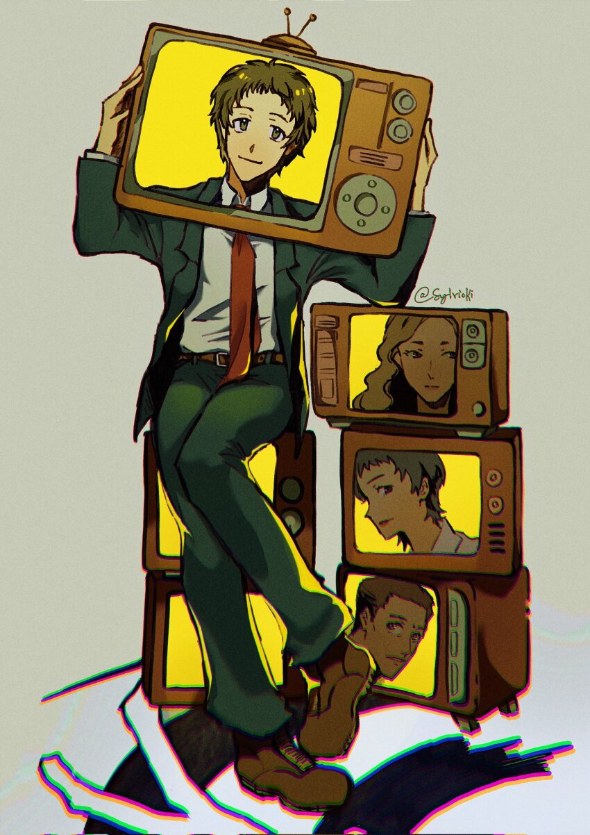 2boys 2girls adachi_tooru arms_up belt belt_buckle black_hair black_jacket black_pants black_suit blonde_hair brown_belt brown_eyes brown_shoes buckle business_suit closed_mouth collared_shirt commentary crt dial_television english_commentary formal_clothes full_body grey_background highres holding holding_television jacket konishi_saki lapels long_hair long_sleeves looking_at_viewer looking_to_the_side multiple_boys multiple_girls namatame_tarou necktie notched_lapels on_television pants persona persona_4 radio_antenna red_necktie shirt shirt_tucked_in shoes short_hair simple_background sitting smile stack suit suit_jacket sylvioki white_shirt wing_collar yamano_mayumi