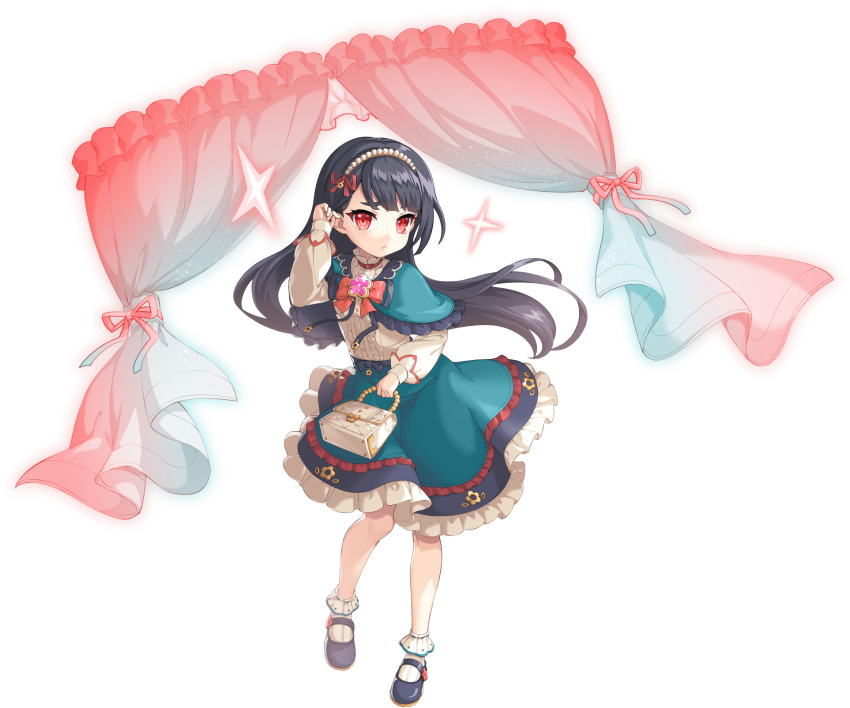 1girl artist_request black_hair curtains flat_chest four-pointed_star full_body game_cg hand_on_own_ear headband highres hijikata_toshizou_(legend_clover) holding legend_clover official_alternate_costume official_art red_eyes shoes solo third-party_source toshi-chan_(legend_clover) transparent_background