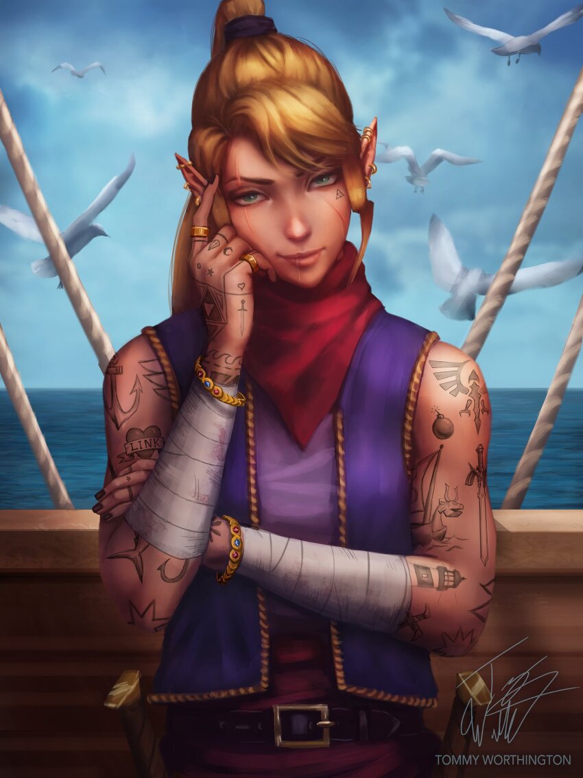 anchor_tattoo arm_tattoo bandaged_hand bandages belt bird blonde_hair blue_eyes blue_sky boat cloud cloudy_sky earrings high_ponytail highres jewelry master_sword neckerchief nintendo pointy_ears ponytail purple_shirt purple_vest realistic red_neckerchief ring seagull shirt sky sleeveless sleeveless_shirt tattoo tetra the_legend_of_zelda the_legend_of_zelda:_the_wind_waker tommy_worthington triforce upper_body vest watercraft