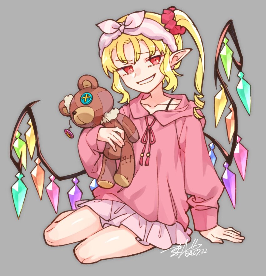 1girl alternate_costume ascot bare_legs blonde_hair bra_strap crystal flandre_scarlet full_body grey_background grin hand_on_floor highres hood hood_down hoodie long_sleeves looking_at_viewer pink_hoodie pink_skirt pointy_ears red_eyes ribbon shikido_(khf) shindan_maker side_ponytail simple_background sitting skirt smile solo stuffed_animal stuffed_toy teddy_bear touhou wings