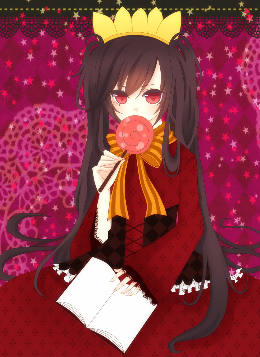 1girl ashley_(warioware) black_hair blush book bow candy corset eyelashes food highres holding holding_candy holding_food holding_lollipop jouerrire lollipop long_hair long_sleeves nintendo open_book orange_headwear red_eyes solo striped_bow very_long_hair warioware