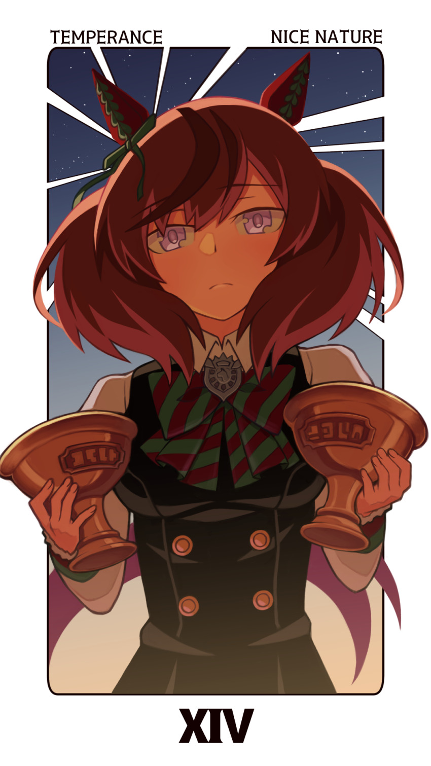 1girl animal_ears border bow brown_eyes buttons card_(medium) chalice character_name closed_mouth commentary_request cup double-breasted dress ear_bow ear_covers green_bow hibun_tsukasa highres horse_ears horse_girl juliet_sleeves long_sleeves looking_at_viewer medium_hair multicolored_hair nice_nature_(umamusume) pinafore_dress puffy_sleeves red_bow red_hair sleeveless sleeveless_dress solo streaked_hair striped_bow tarot temperance_(tarot) twintails umamusume upper_body white_border
