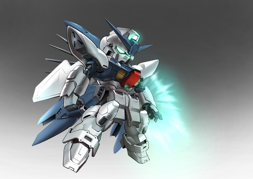 absurdres arms_at_sides chibi chinese_commentary clenched_hand commentary_request full_body g-saviour_gundam glowing glowing_eyes gradient_background green_eyes grey_background gundam gundam_g-saviour highres making-of_available mecha mecha_focus mobile_suit no_humans open_hand robot science_fiction sd_gundam solo v-fin zakuma