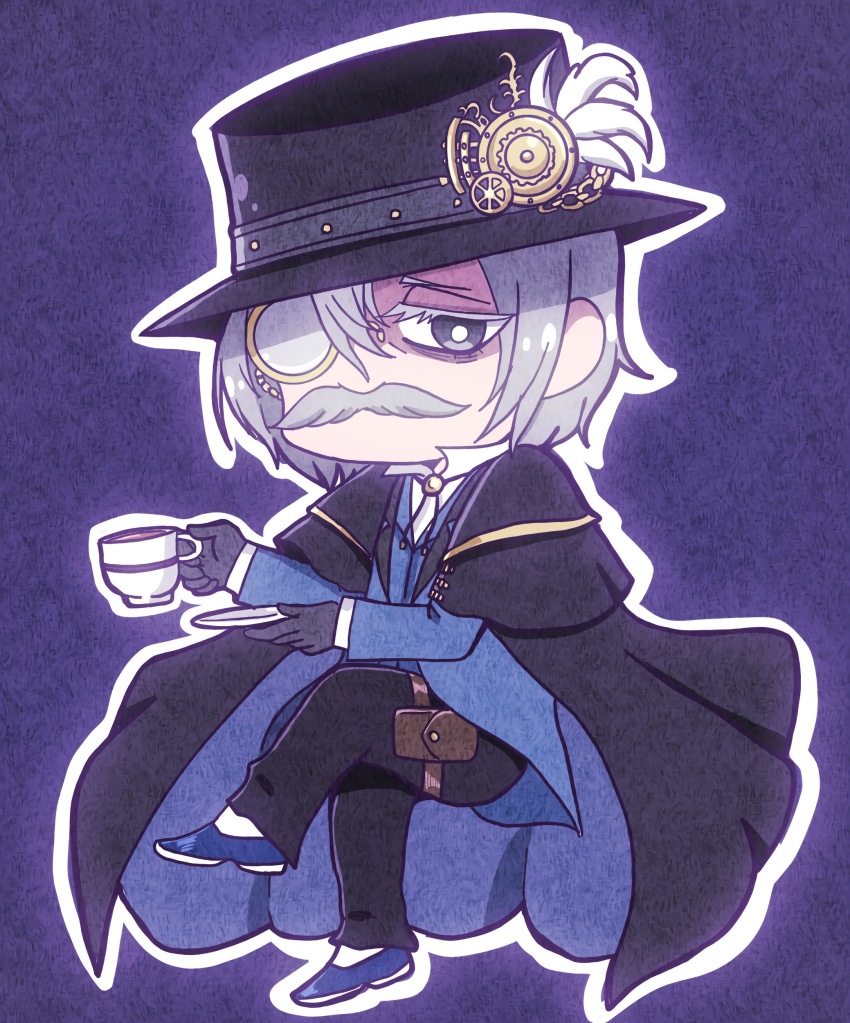 1boy absurdres alternate_color black_coat black_gloves black_hat black_pants blue_coat blue_footwear closed_mouth coat coat_on_shoulders cup derutta facial_hair formal_clothes gear_hat_ornament gears gloves gold_brooch gold_trim grey_eyes grey_hair hair_between_eyes half-closed_eyes hat hat_ornament highres holding holding_cup holding_plate holding_cup in_air jack_the_ripper_(shuumatsu_no_valkyrie) leg_strap long_hair looking_at_viewer male_focus midair monocle monocle_chain mustache one_eye_covered pants plate pouch purple_background shaded_face shirt short_hair shuumatsu_no_valkyrie sideways_glance sitting sitting_on_air socks steampunk suit tea teacup top_hat two-sided_fabric victorian white_shirt white_socks