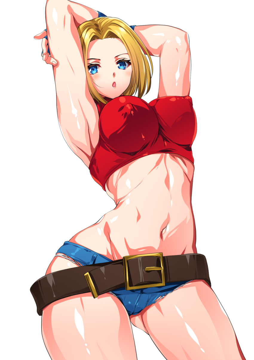 1girl armpits arms_up belt blonde_hair blue_eyes blue_mary breasts contrapposto covered_erect_nipples cowboy_shot crop_top forehead gluteal_fold highres impossible_clothes impossible_shirt large_breasts linea_alba looking_at_viewer loose_belt medium_hair micro_shorts midriff navel open_mouth parted_hair red_shirt shirt shorts simple_background skin_tight sleeveless_turtleneck_crop_top smash_daisaku straight_hair stretching the_king_of_fighters turtleneck_crop_top white_background