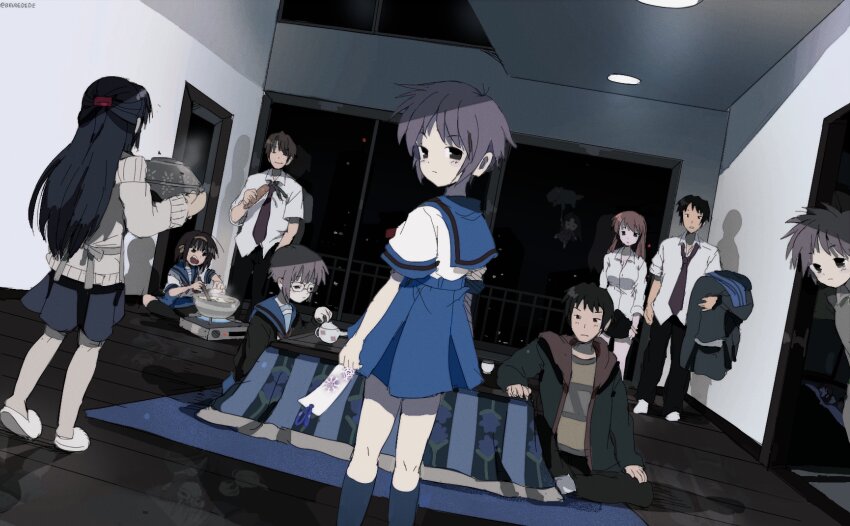 3boys 6+girls absurdres achakura asahina_mikuru_(adult) asakura_ryoko bendedede black_cardigan black_pants black_skirt black_socks blue_hair blue_sailor_collar blue_scarf blue_skirt brown_hair cardigan coat collared_shirt cup dual_persona green_coat green_jacket hair_ribbon hairband highres holding holding_tanzaku holding_unworn_clothes hood hooded_jacket indoors jacket kita_high_school_uniform kneehighs koizumi_itsuki kyon long_hair long_sleeves medium_hair multiple_boys multiple_girls multiple_persona nagato_yuki necktie night night_sky pants pleated_skirt purple_hair red_necktie red_ribbon ribbon sailor_collar scarf school_uniform serafuku shadow shirt short_hair short_sleeves skirt sky sleeves_rolled_up socks standing summer_uniform suzumiya_haruhi suzumiya_haruhi-chan_no_yuuutsu suzumiya_haruhi_no_shoushitsu suzumiya_haruhi_no_yuuutsu sweater tanzaku unworn_coat unworn_scarf white_shirt white_socks white_sweater window winter_uniform yellow_hairband yellow_ribbon