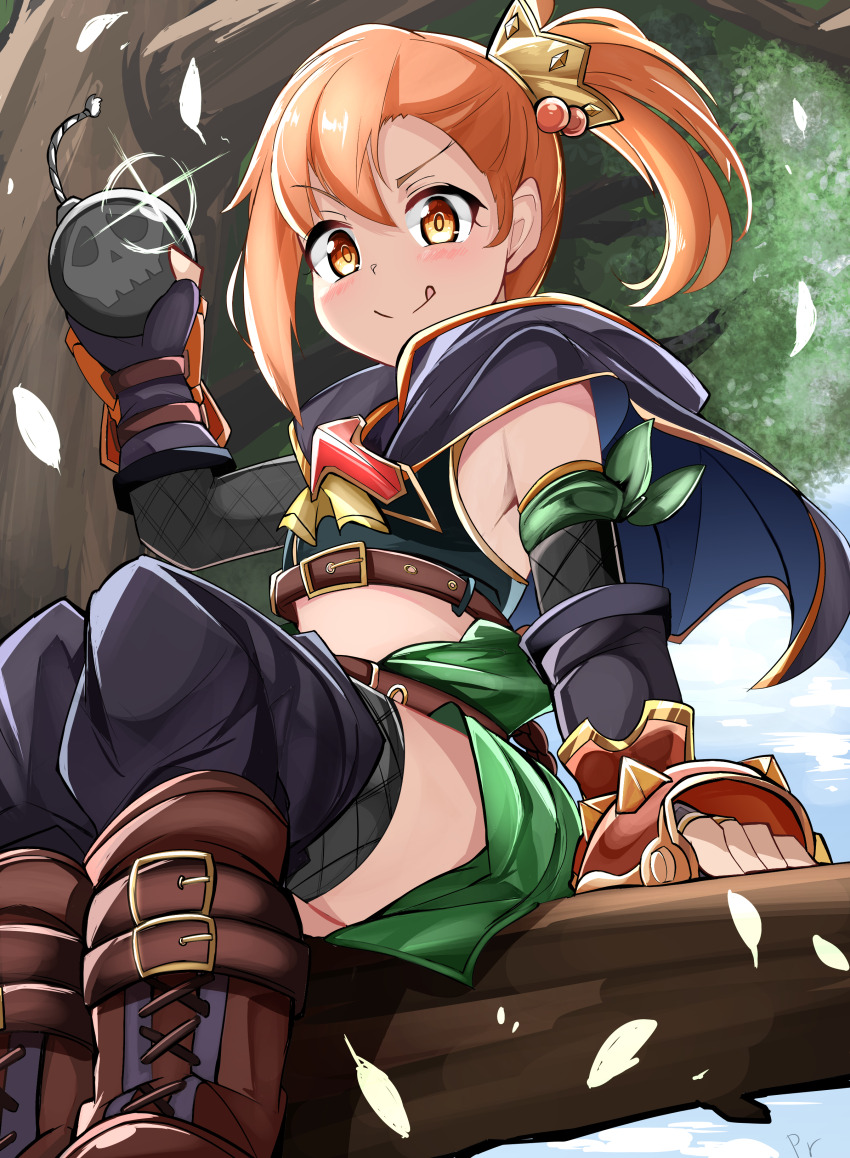 1girl :q absurdres black_capelet black_gloves black_thighhighs blue_sky blush bomb boots branch brown_boots brown_eyes brown_hair capelet closed_mouth cloud commentary_request crop_top day explosive fingerless_gloves gloves hair_bobbles hair_ornament hand_up highres holding in_tree lace-up_boots misogi_(princess_connect!) one_side_up outdoors princess_connect! shi_(kamokamo910) sitting skull sky smile solo thighhighs thighhighs_under_boots tongue tongue_out tree v-shaped_eyebrows