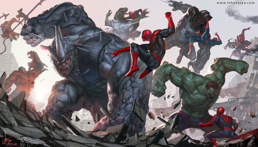 battle bodysuit destruction doctor_octopus epic green_goblin hulk inhyuk_lee lizard_(marvel) marvel monster multiple_boys peter_parker red_hulk rhino_(marvel) sequential silk spandex spider-man spider-man_(series) spider_web venom_(marvel)