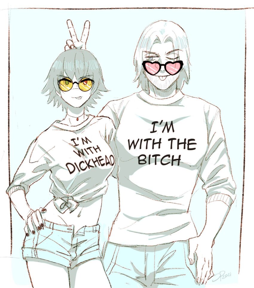 2girls beard_stubble blue_eyes breasts bunny_ears_prank clothes_writing commentary dante_(devil_may_cry) devil_may_cry_(series) devil_may_cry_5 english_commentary facial_hair green_eyes hand_on_own_hip heart heart-shaped_eyewear heterochromia highres jewelry jumpoon lady_(devil_may_cry) limited_palette medium_breasts multiple_girls nail_polish navel necklace necktie one_eye_closed open_fly pink-tinted_eyewear red_eyes short_hair short_shorts shorts signature stubble sunglasses tinted_eyewear tongue tongue_out yellow-tinted_eyewear