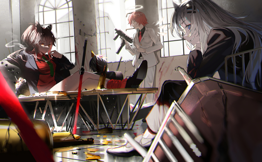 3girls alternate_costume animal_ears arknights b&amp;t_mp9 black_footwear black_hair black_jacket black_shirt blouse blue_eyes bottle breasts broken_glass cd collared_shirt detached_wings dress_shirt ear_piercing energy_sword energy_wings exusiai_(arknights) feet_on_table glass green_necktie grey_hair gun hair_ornament highres holding holding_cd holding_gun holding_weapon indoors jacket lappland_(arknights) long_hair looking_at_viewer multiple_girls necktie official_alternate_costume open_clothes open_jacket pants piercing planted planted_sword planted_weapon ponytail red_hair red_legwear red_shirt shirt shoes sideways_glance sitting small_breasts smoke smoking socks standing submachine_gun suit_jacket sword texas_(arknights) texas_(willpower)_(arknights) uzi weapon white_jacket white_pants window wings wolf_ears yellow_eyes yo-ba_yo