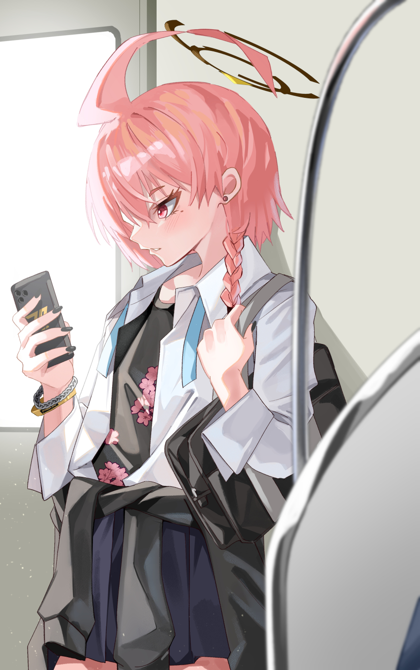1girl absurdres ahoge bag black_cardigan black_undershirt blue_archive blush bracelet braid cardigan cardigan_around_waist cellphone clothes_around_waist commentary_request fingernails floral_print halo highres holding holding_phone huge_ahoge jewelry looking_at_phone mahoro_(minase_mahoro) mole mole_under_eye nail_polish neck_ribbon neru_(blue_archive) neru_(school_uniform)_(blue_archive) open_clothes open_shirt phone pink_hair pleated_skirt red_eyes ribbon school_bag school_uniform shirt short_hair single_braid skirt solo train_interior undone_neck_ribbon white_shirt