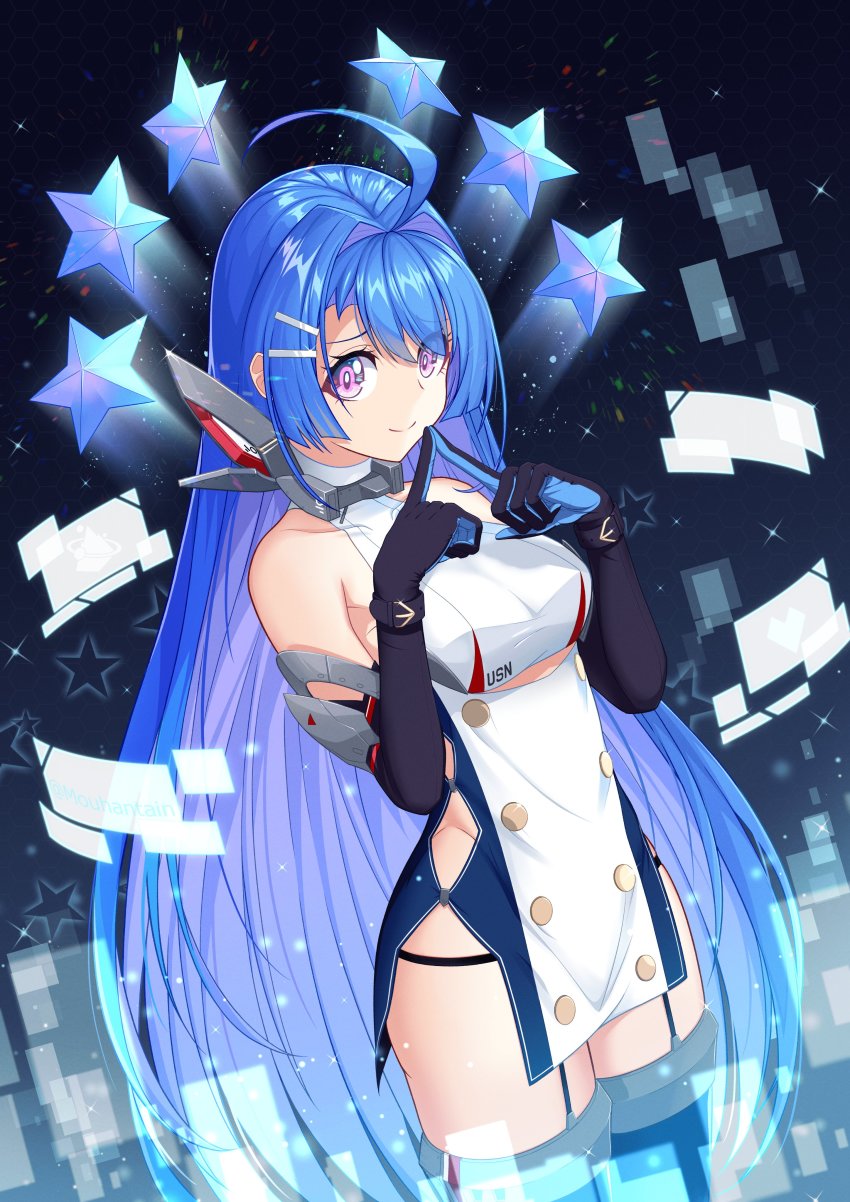 1girl absurdres ahoge azur_lane black_gloves blue_hair dress elbow_gloves garter_straps gloves gradient_hair halter_dress halterneck helena_(azur_lane) helena_(retrofit)_(azur_lane) highres mouhantain multicolored_hair one_side_up purple_eyes retrofit_(azur_lane) solo
