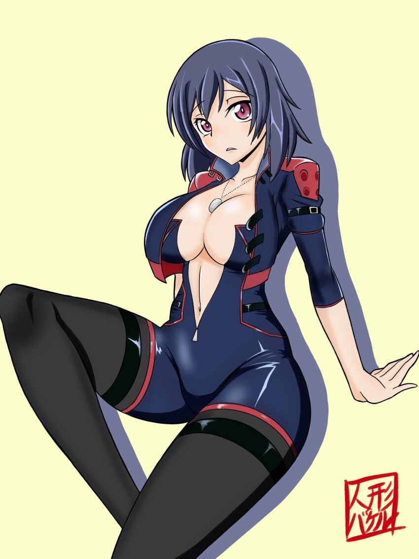 1girl black_hair boots breasts cleavage code_geass code_geass:_boukoku_no_akito dog_tags doll_bagel feet_out_of_frame highres kousaka_ayano large_breasts looking_at_viewer mecha_pilot_suit partially_unzipped purple_eyes short_hair signature solo thigh_boots yellow_background