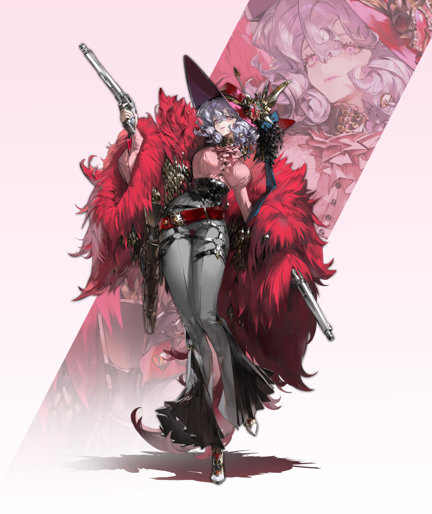 1girl absurdres bell-bottoms belt black_corset buttons corset feather_boa full_body gun hat hat_ornament heart heart_hat_ornament highres holding holding_gun holding_weapon holster leg_up looking_at_viewer mintcandyboxxx original pants pink_eyes pink_shirt poet_shirt red_hat shirt solo stepping thigh_holster weapon zoom_layer