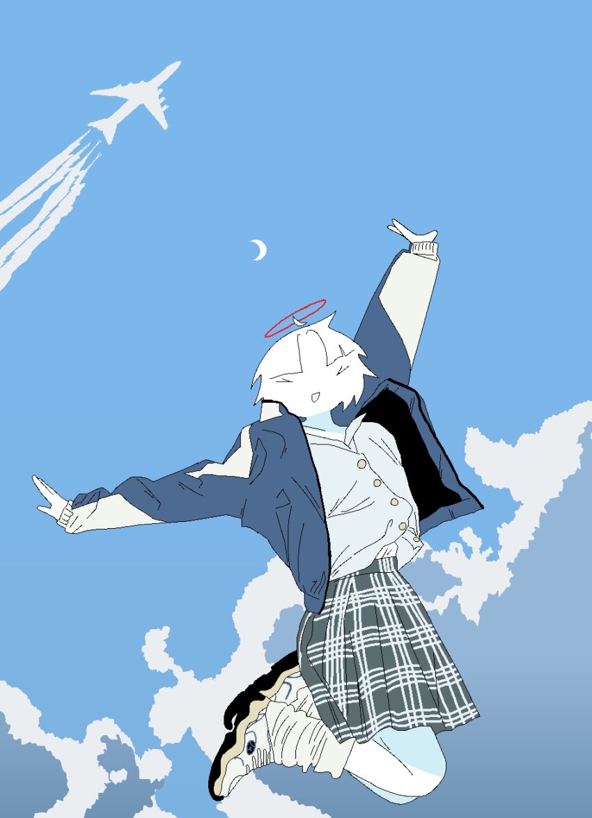 &gt;_&lt; 1girl :d absurdres aircraft airplane angel arms_up blue_jacket blue_sky blunt_bangs buttons chewchewer closed_eyes cloud colored_skin commentary english_commentary halo highres jacket jaggy_lines jumping knees leg_warmers loose_socks microsoft_paint_(medium) moon nyan_(chewchewer) open_mouth original plaid_clothes plaid_skirt red_halo shirt shoes short_hair skirt sky smile socks white_hair white_shirt white_skin