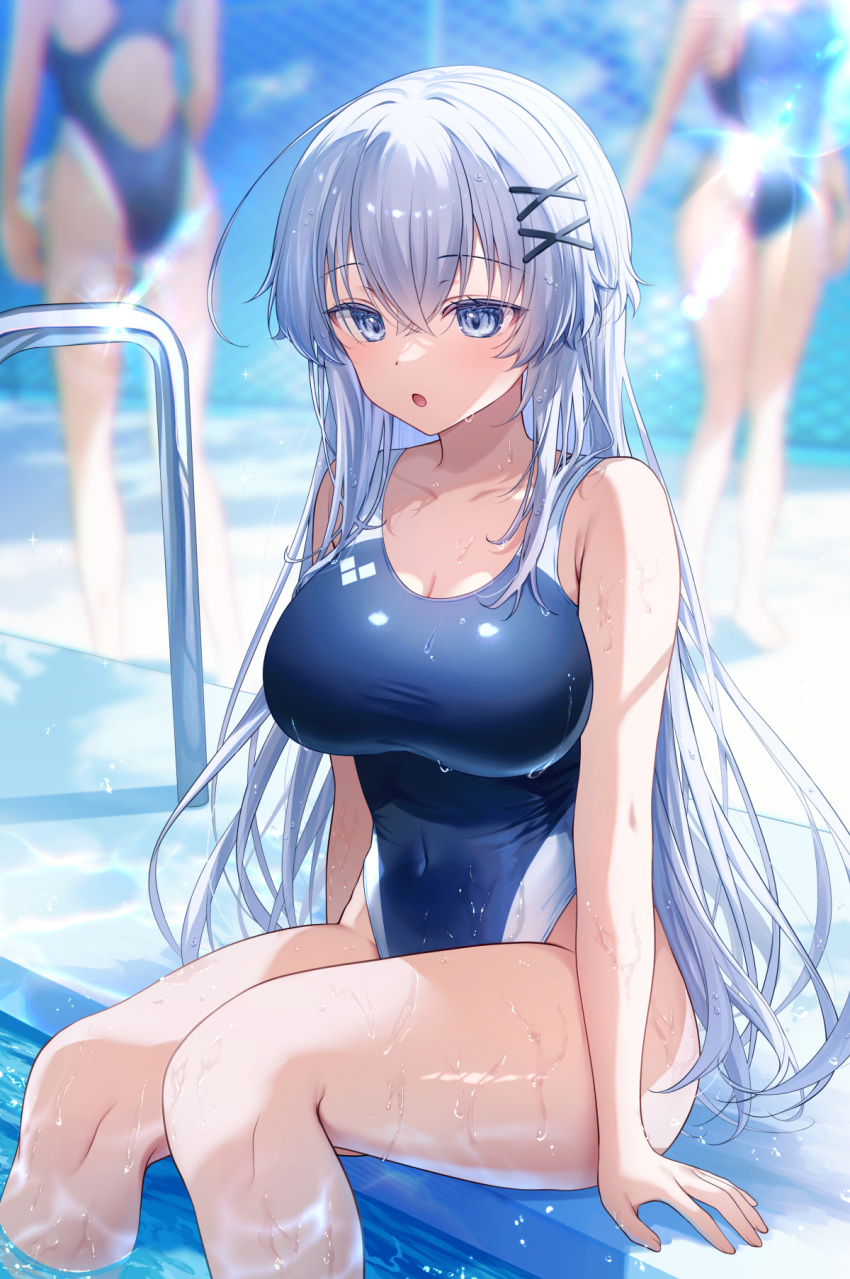 3girls :o arm_support blue_eyes blue_one-piece_swimsuit blurry blurry_background breasts cleavage commentary_request competition_swimsuit covered_navel crossed_bangs day feet_out_of_frame grey_hair gyozanuko hair_between_eyes hair_ornament highleg highleg_one-piece_swimsuit highres large_breasts lens_flare light_rays long_hair looking_at_viewer multiple_girls one-piece_swimsuit open_mouth original outdoors pool poolside sitting soaking_feet solo_focus sunbeam sunlight swimsuit very_long_hair water water_drop wet wet_clothes wet_swimsuit x_hair_ornament