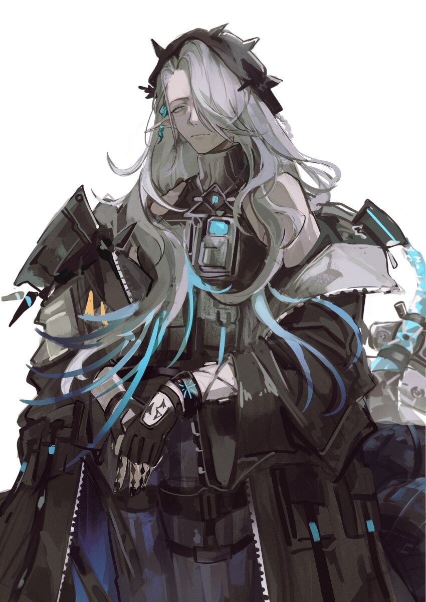 1girl aqua_eyes aqua_hair arknights grey_hair highres long_hair mantra_(arknights) multicolored_hair old old_woman pointy_ears snake_girl solo tsubasaha2 two-tone_hair
