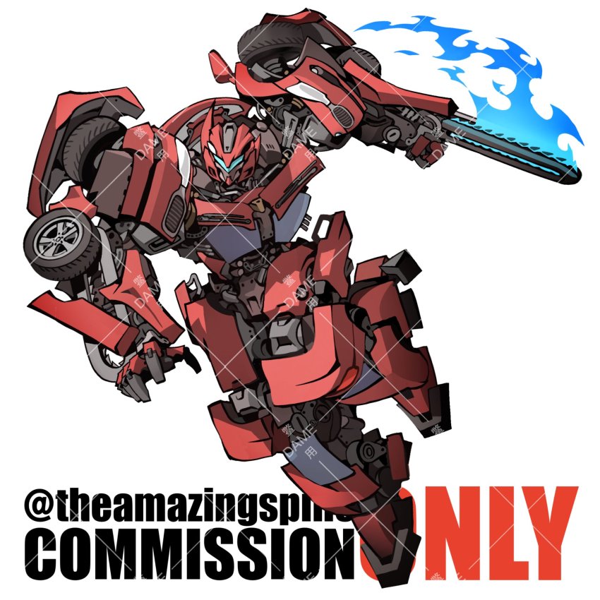 arm_blade blue_fire chainsaw commission fire highres kamitoge_supino mecha no_humans open_hand redesign robot science_fiction solo stinger_(transformers) transformers transformers:_age_of_extinction transformers_(live_action) twitter_username visor watermark weapon white_background