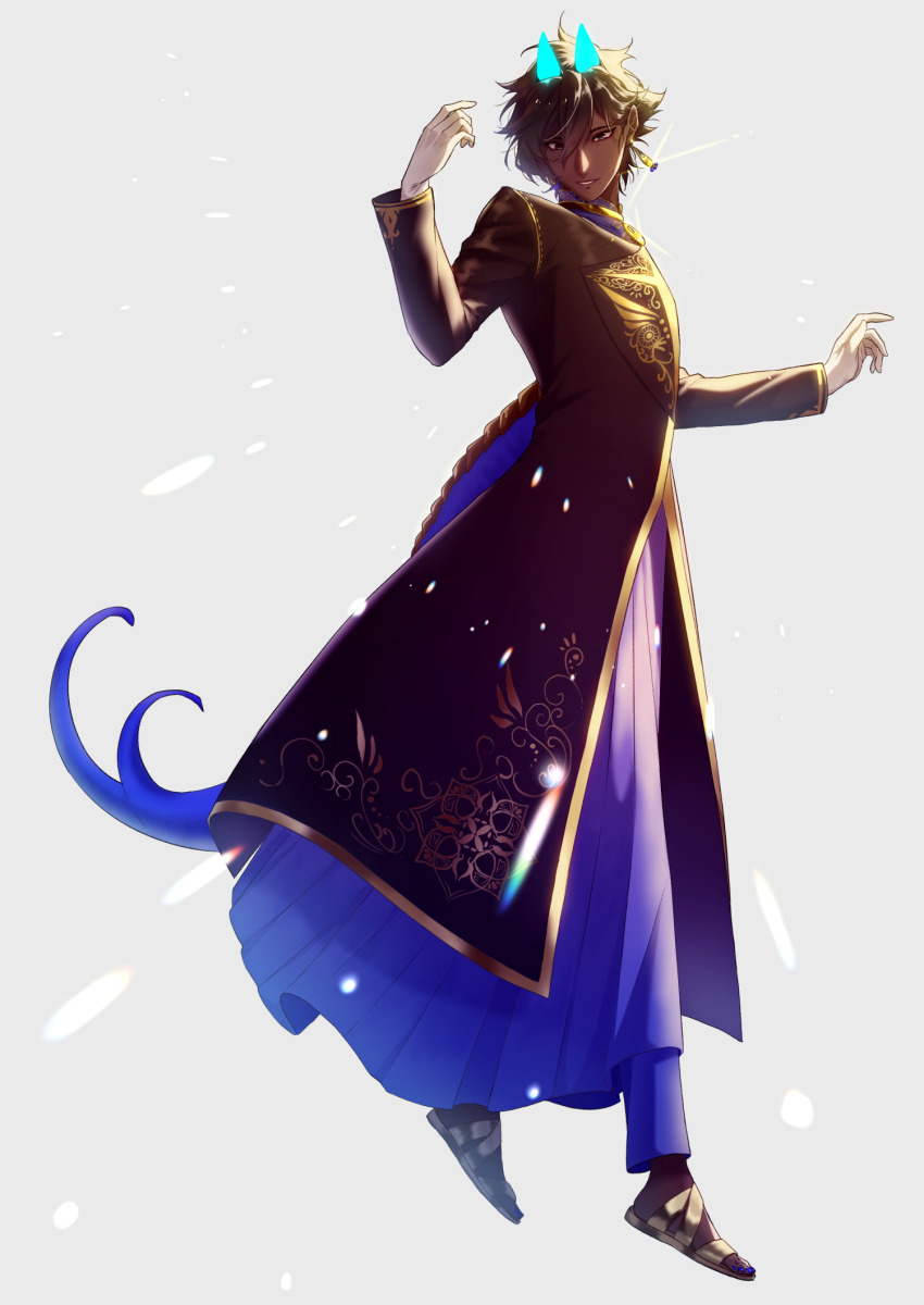 1boy alternate_costume arjuna_(fate) arjuna_alter_(fate) arjuna_alter_(festival_outfit)_(fate) black_eyes brown_hair cloak dark-skinned_male dark_skin earrings fate/grand_order fate_(series) fuka_(hk_nemo) full_body gloves glowing_horns hair_between_eyes hand_up highres horns indian_clothes jewelry light looking_at_viewer male_focus simple_background solo sparkle sunlight tail white_gloves