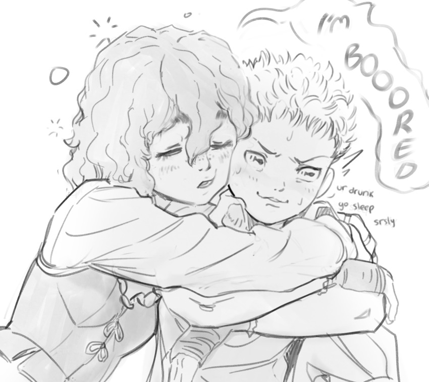 1boy 1girl :3 ^^^ arms_around_neck averting_eyes berserk blush bob_cut breasts butterchalk closed_eyes commentary corset crossed_arms drunk embarrassed english_commentary english_text eyelashes fingerless_gloves freckles gloves greyscale hair_between_eyes heads_together highres hug hug_from_behind isidro_(berserk) isma leaning_to_the_side long_bangs long_sleeves monochrome nervous nervous_smile nervous_sweating parted_lips short_hair simple_background sitting small_breasts smile speech_bubble squeans sweat thick_eyebrows upper_body v-shaped_eyebrows wavy_hair white_background
