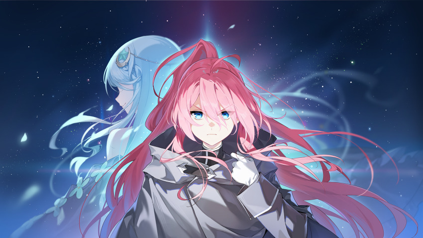 2girls ahoge back-to-back blue_eyes closed_mouth commentary counter:side crescent crescent_hair_ornament english_commentary esterosa_de_chevalier faceless faceless_female gloves grace_birmingham grey_cloak hair_between_eyes hair_ornament highres holding_cloak looking_at_viewer multiple_girls night night_sky official_art pink_hair ponytail sky star_(sky) star_(symbol) star_hair_ornament starry_sky upper_body v-shaped_eyebrows white_gloves