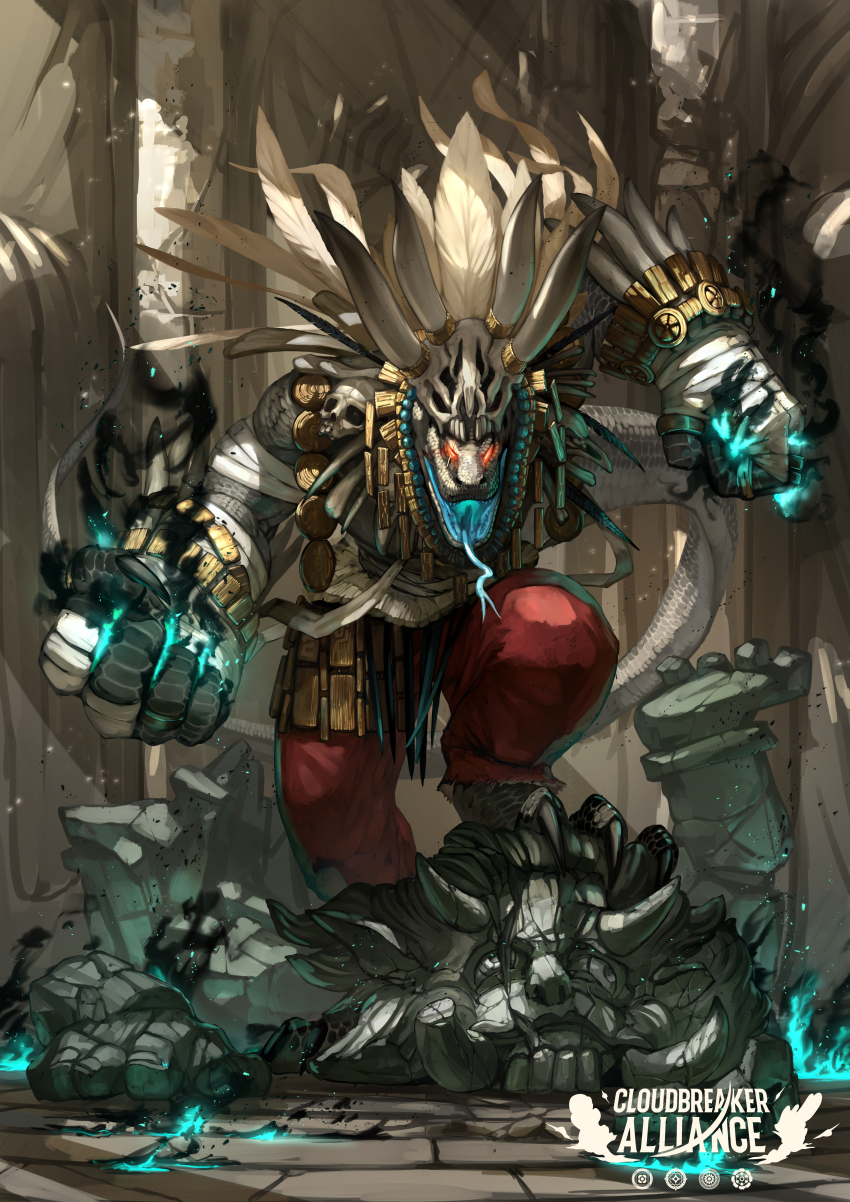 absurdres blue_fire clenched_hands cloudbreaker_alliance copyright_name fantasy fire forked_tongue full_body grey_scales highres horns monster official_art open_mouth pants red_eyes red_pants skull_on_head snake solo statue tagme tongue yumo80295386