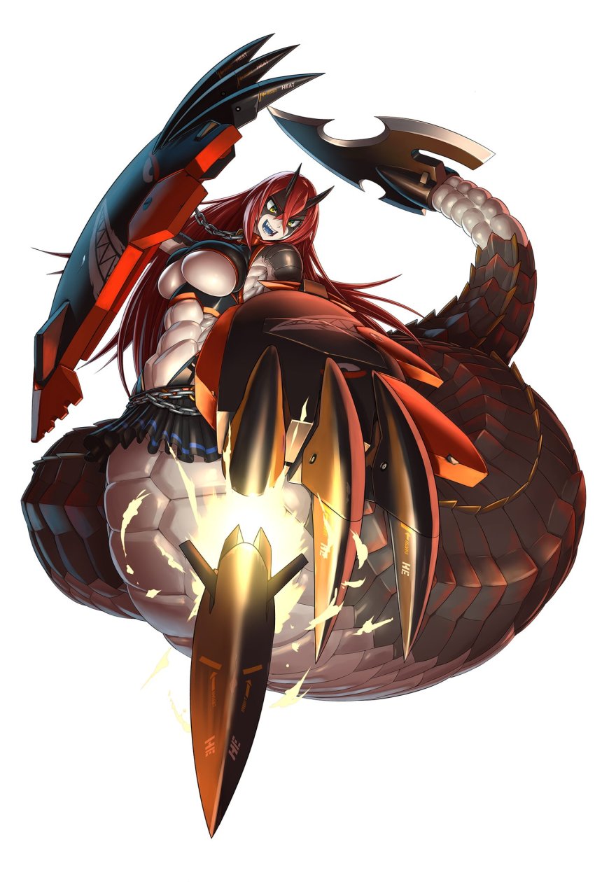 1girl abs belt blade blue_tongue breasts cerastes chain claws cleavage_cutout clothing_cutout collar colored_tongue fangs female_focus full_body highres horns huge_breasts lamia leash lilith-soft long_hair looking_at_viewer mechanical_arms midriff mikoyan missile monster_girl muscular muscular_female nipples rattlesnake red_hair scales shiny_skin simple_background single_mechanical_arm skirt slit_pupils smile solo tail taimanin_(series) taimanin_asagi taimanin_rpgx toned underboob weapon white_background yellow_eyes