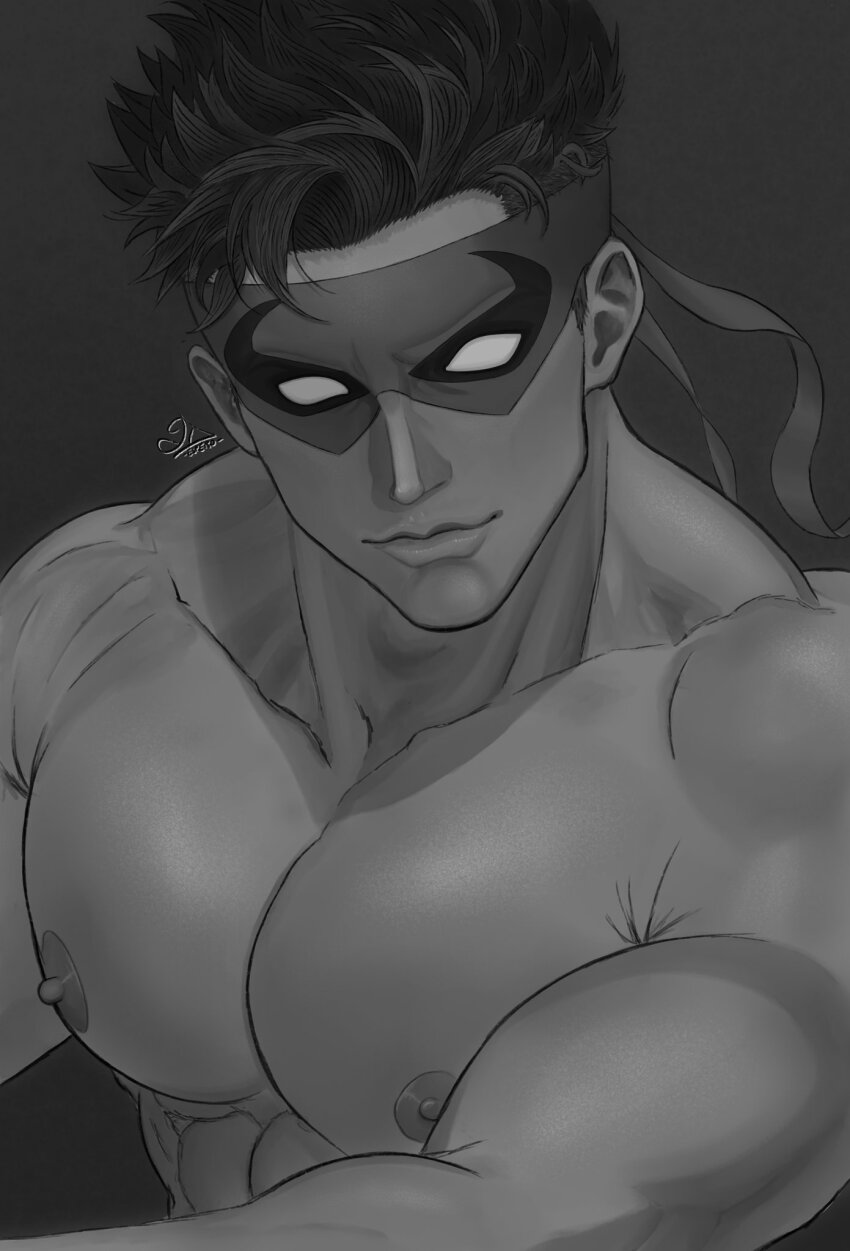 1boy abs bara closed_mouth collarbone grey_background greyscale highres iron_fist_(marvel) jordy_espero lin_lie_(marvel) male_focus marvel marvel_rivals mask monochrome muscular muscular_male nipples no_pupils nude pectorals simple_background smile solo upper_body