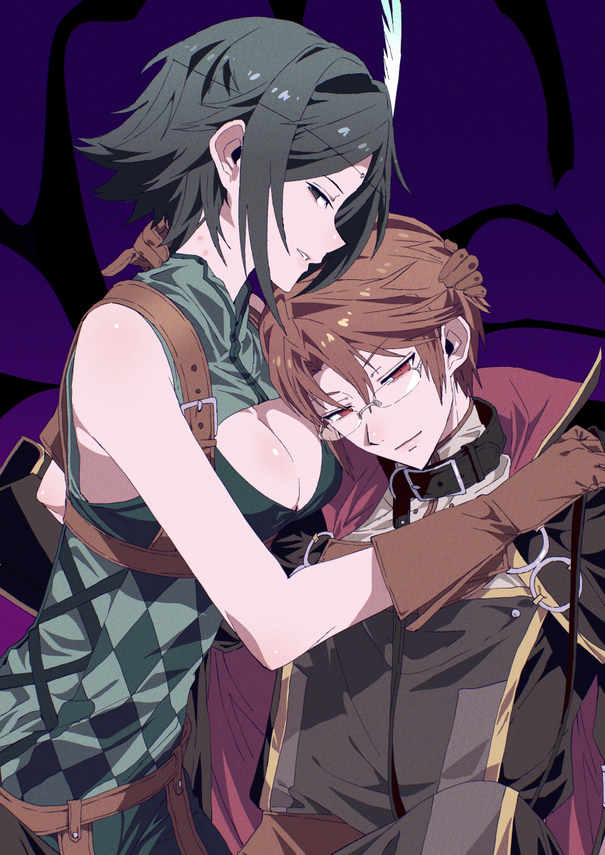 1boy 1girl absurdres black_hair breasts brown_gloves couple feather_hair_ornament feathers fire_emblem fire_emblem_awakening gloves hair_ornament hetero highres large_breasts laurent_(fire_emblem) nintendo noire_(fire_emblem) red_eyes red_hair tsujii_luki