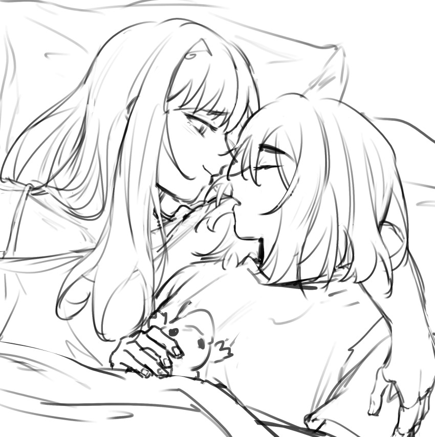 2girls arm_around_neck closed_eyes closed_mouth commentary cuddling english_commentary greyscale highres long_hair miyagi_shiori monochrome multiple_girls own_gl parted_lips pillow sendai_hazuki short_hair shuuniichido_classmate_wo_kau_hanashi smile under_covers yuri