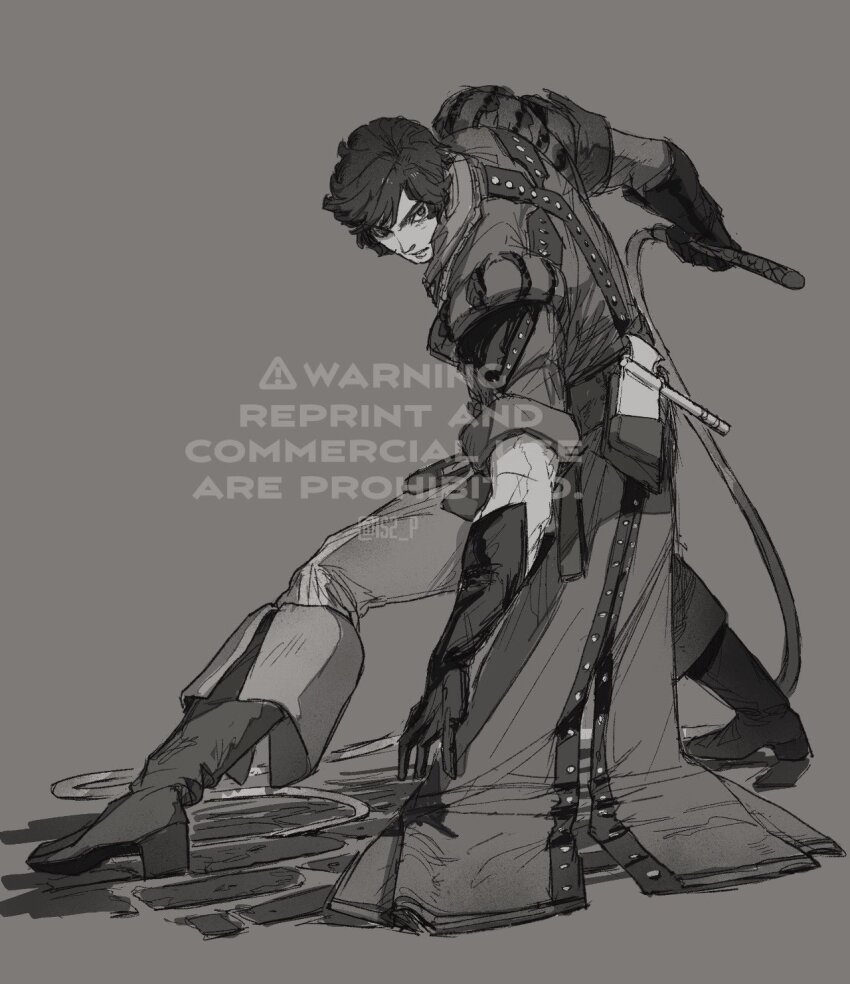 1boy boots castlevania:_dracula_x_chronicles castlevania:_rondo_of_blood castlevania_(series) dynamic_pose elbow_gloves gloves greyscale highres holding holding_whip knee_boots male_focus monochrome pants richter_belmont short_hair sketch solo tanaka_(is2_p) wavy_hair weapon whip
