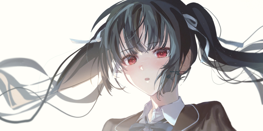 1girl aha1027 black_capelet black_dress black_hair blue_ribbon blush brown_eyes buttons capelet collared_shirt colored_eyelashes double-breasted dress eyelashes hair_between_eyes hair_ribbon headshot highres honma_misuzu light_blush long_hair neck_ribbon open_mouth parted_lips red_eyes ribbon sakura_no_toki sakura_no_uta school_uniform shirt simple_background solo standing straight_hair twintails upper_body white_background white_ribbon white_shirt