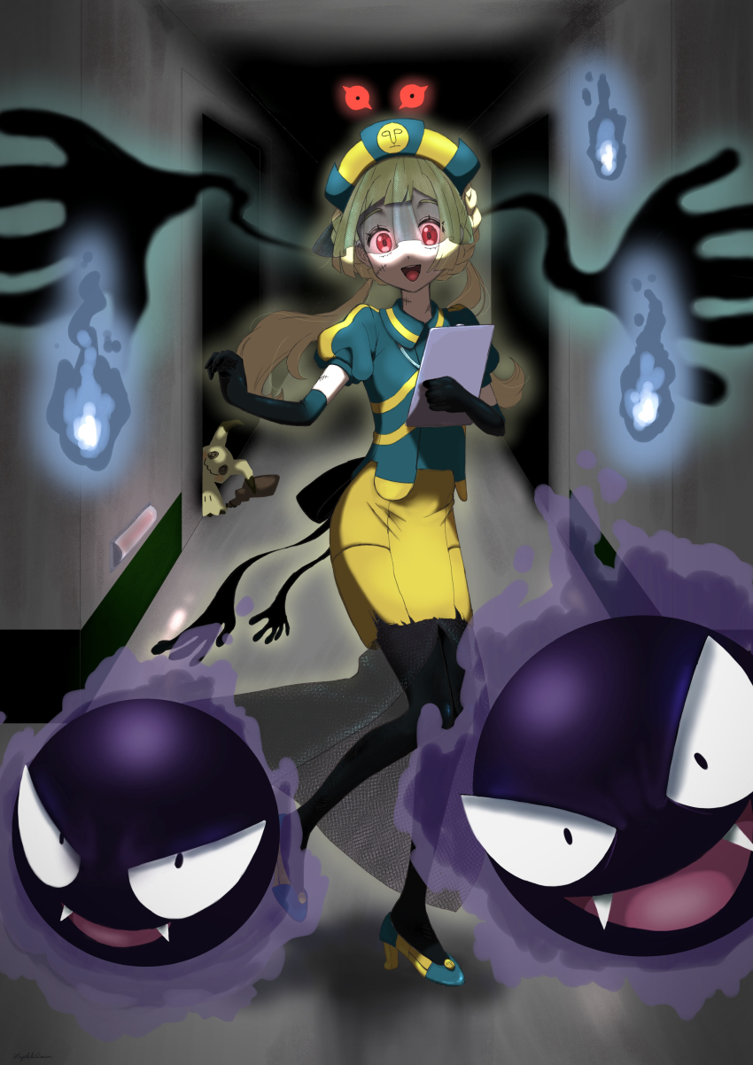 1girl absurdres alternate_costume cofagrigus gastly gen_1_pokemon gen_5_pokemon gen_7_pokemon highres hiyokko2min lillie_(pokemon) mimikyu nintendo pokemon pokemon_(creature) pokemon_sm red_eyes