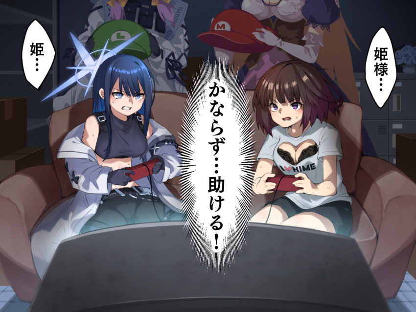 4girls atsuko_(blue_archive) belt black_gloves black_hair black_pants black_shorts blue_archive blue_eyes blunt_bangs blurry breasts brown_hair bulletproof_vest cable cleavage_cutout clenched_teeth clothing_cutout coat colored_inner_hair commentary_request controller couch crossover crt datemegane depth_of_field elbow_gloves famicom_gamepad game_controller gloves hair_between_eyes halo hat head_out_of_frame highres holding holding_controller holding_game_controller holding_unworn_clothes holding_unworn_hat indoors large_breasts long_hair long_sleeves luigi luigi_hat mario mario_(series) mario_hat multicolored_hair multiple_girls navel nintendo on_couch open_clothes open_coat pants playing_games princess_of_aleister_(shadowverse) purple_eyes purple_hair saori_(blue_archive) shadowverse shirt short_hair short_shorts short_sleeves shorts sidelocks sitting speech_bubble stomach sumeragi_erika_(shadowverse) sweatdrop tank_top teeth translation_request two-tone_hair unworn_hat unworn_headwear v-shaped_eyebrows watching_television white_coat white_gloves white_shirt
