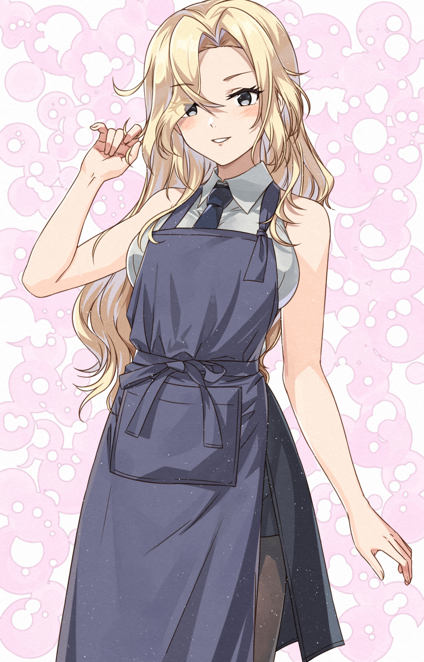1girl apron black_necktie black_pantyhose black_skirt blonde_hair blush breasts cowboy_shot dress_shirt grey_eyes highres hornet_(kancolle) hornet_(osechi)_(kancolle) kanmiya_shinobu kantai_collection large_breasts long_hair looking_at_viewer necktie pantyhose pencil_skirt pink_background shirt skirt sleeveless sleeveless_shirt smile solo white_shirt