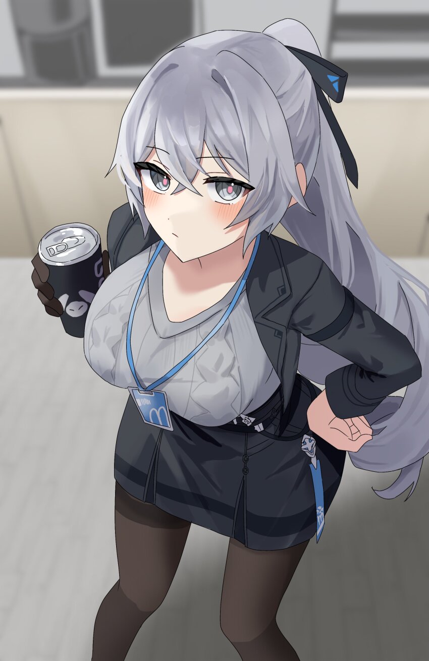 1girl absurdres black_jacket black_pantyhose black_skirt breasts bronya_zaychik bronya_zaychik_(outstanding_attitude) bronya_zaychik_(silverwing:_n-ex) closed_mouth commentary_request crossed_bangs cup feet_out_of_frame grey_eyes grey_hair grey_sweater h2o_omizu hair_between_eyes hand_on_own_hip highres holding holding_cup honkai_(series) honkai_impact_3rd id_card jacket lanyard large_breasts long_hair long_sleeves looking_at_viewer pantyhose pencil_skirt pink_pupils ponytail skirt solo sweater very_long_hair