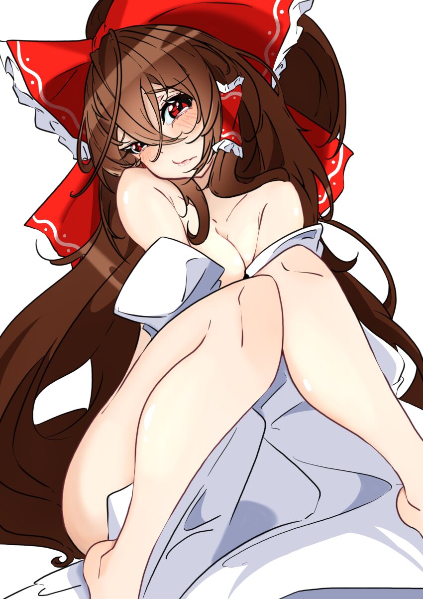 1girl absurdres blanket blush bow breasts brown_hair closed_mouth cover embarrassed frilled_bow frilled_hair_tubes frills full_body hair_between_eyes hair_tubes hakurei_reimu highres holding holding_blanket lips long_hair looking_at_viewer medium_breasts nude red_bow red_eyes sidelocks sitting solo touhou unanooo_(fthx7532)