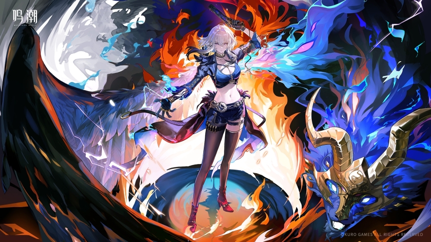 1girl arm_up black_choker black_jacket black_pantyhose black_shoes black_shorts black_thighhighs blue_bra bra breasts character_name chimera_(wuthering_waves) choker cleavage cropped_jacket galbrena_(wuthering_waves) grey_hair gun hair_between_eyes high_heels highres holding holding_gun holding_weapon jacket logo looking_at_viewer medium_breasts medium_hair navel official_art outstretched_arm pantyhose shoes shorts single_leg_pantyhose single_thighhigh solo standing stomach tacet_discord_(wuthering_waves) thighhighs thighs underwear weapon wuthering_waves