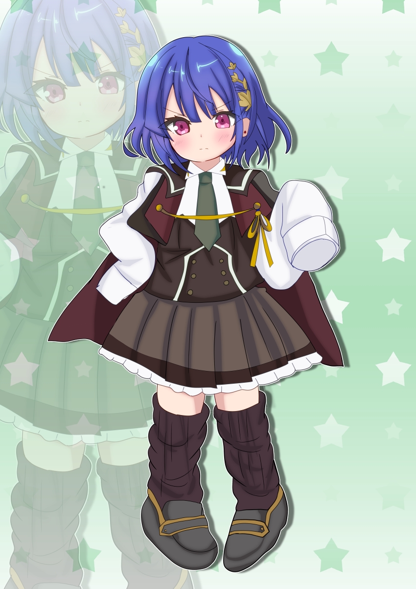 1girl absurdres aged_down assault_lily black_cape black_vest blue_hair blush brown_cape brown_skirt buttons cape child closed_mouth collared_shirt commentary earrings ebisu_nobu frilled_skirt frills full_body gradient_background green_background green_necktie grey_shoes hair_ornament hand_on_own_hip hand_up highres iwaya_kukuri jewelry leaf_hair_ornament leg_warmers long_sleeves looking_at_viewer medium_hair miniskirt necktie pigeon-toed pink_eyes school_uniform shirt shoes skirt sleeves_past_fingers sleeves_past_wrists solo standing star_(symbol) star_symbol_background stud_earrings two-sided_cape two-sided_fabric v-shaped_eyebrows vest white_shirt zoom_layer