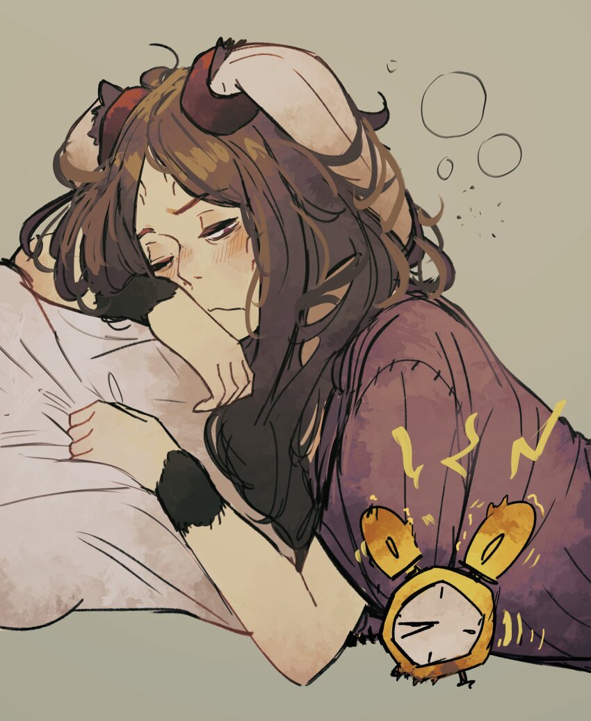 absurdres alarm_clock animal_ears brown_eyes brown_fur brown_hair clock facial_mark fire_emblem fire_emblem_awakening hair_around_ear highres messy_hair nintendo panne_(fire_emblem) rabbit_ears rabbit_girl spindle_(aidenr0) taguel waking_up