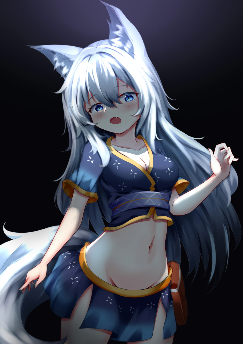 1girl absurdres animal_ear_fluff animal_ears black_background blue_eyes blue_shirt blue_skirt blush breasts cleavage collarbone commentary_request cowboy_shot crop_top fang groin hair_between_eyes hand_up highres juiceneko long_hair looking_at_viewer medium_breasts midriff navel open_mouth original sash shirt short_sleeves side_slit sidelocks simple_background skirt solo standing tail underbust white_hair wolf_ears wolf_girl wolf_tail
