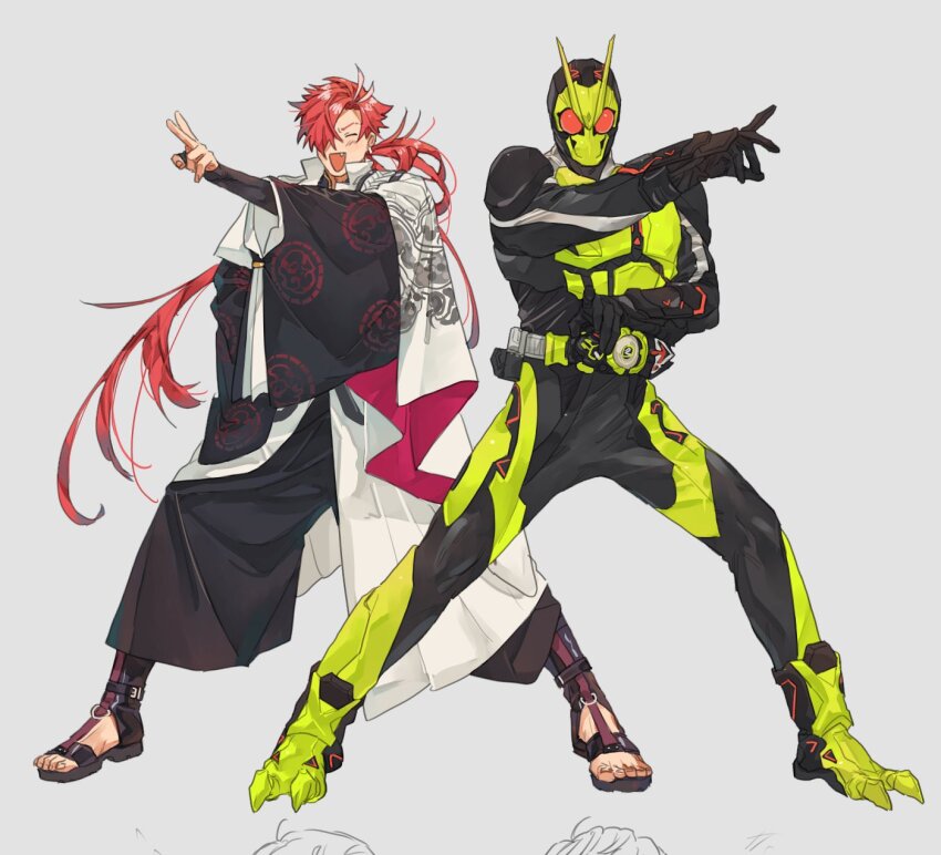 2boys :d arm_up armor bbbb_fex belt black_hair bug crossover dragon_print rider_belt eyebrow_cut fate/grand_order fate_(series) full_armor full_body grasshopper green_footwear hair_over_one_eye helmet henshin_pose highres insect instrument jacket kamen_rider kamen_rider_01_(series) kamen_rider_zero-one long_hair looking_at_viewer male_focus multicolored_hair multiple_boys open_mouth outstretched_arm outstretched_hand protected_link reaching reaching_towards_viewer red_eyes red_hair rider_belt rising_hopper shamisen simple_background smile solo spread_legs standing streaked_hair takasugi_shinsaku_(fate) tokusatsu white_background white_hair white_jacket yellow_armor zero_one_driver