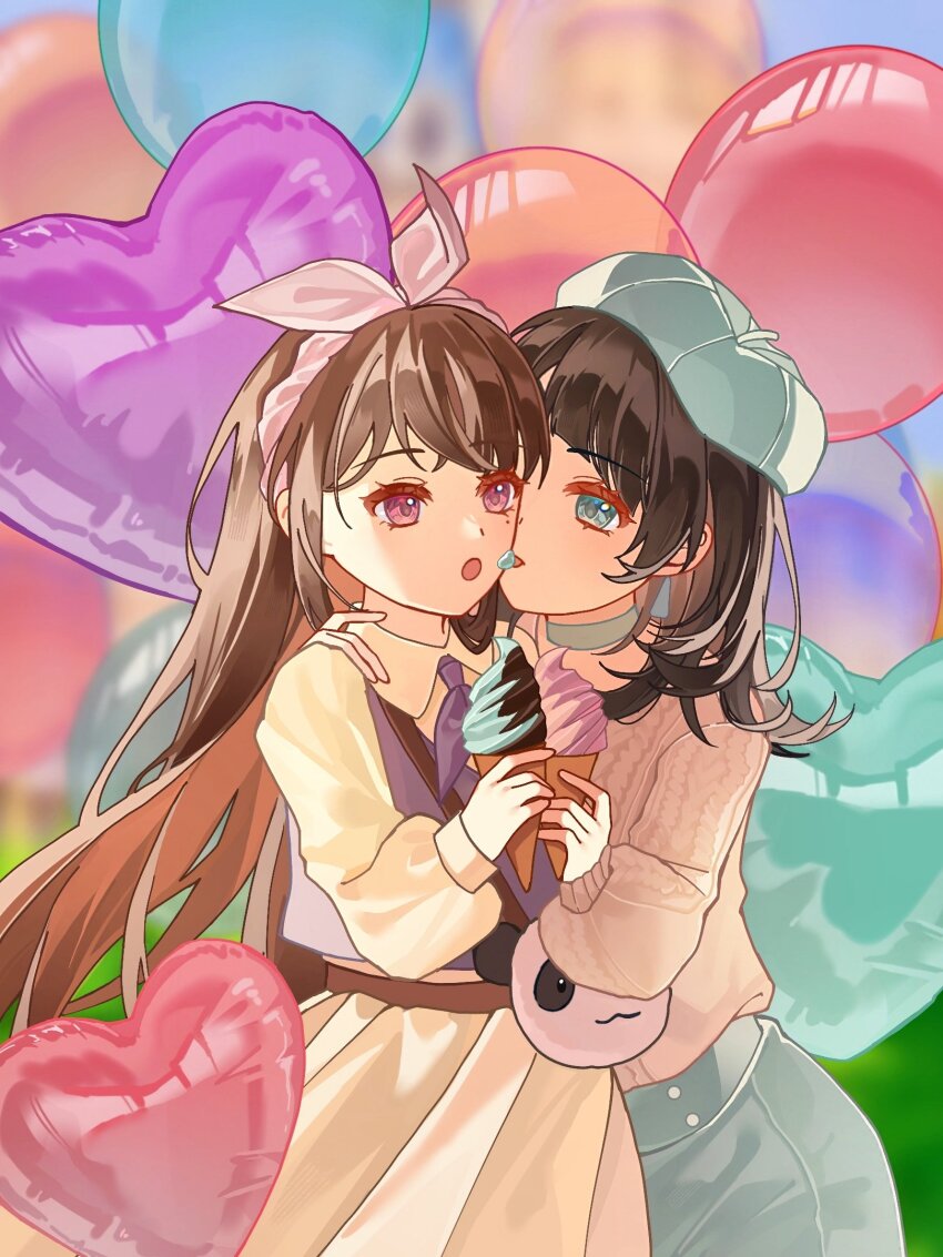 2girls balloon bang_dream! bang_dream!_it&#039;s_mygo!!!!! beret black_hair blue_eyes blue_hair blue_skirt brown_hair commentary food food_on_face hashtag-only_commentary hat heart_balloon highres ice_cream ice_cream_cone licking licking_another&#039;s_face long_hair medium_hair minon_(momoiminon0420) mole mole_under_eye multiple_girls open_mouth purple_eyes shiina_taki shirt skirt soft_serve white_shirt white_skirt yahata_umiri